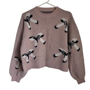 Champagne Rose Sweater with Bows Crew Neck Ribbed Detail Women's Size Small